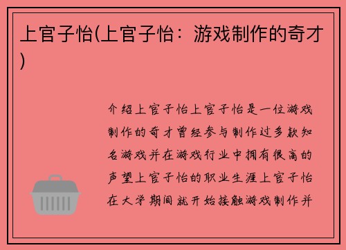 上官子怡(上官子怡：游戏制作的奇才)